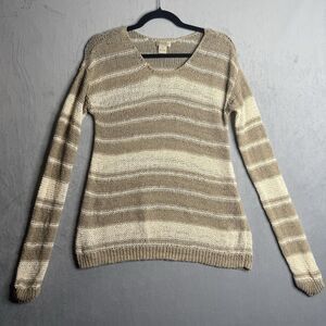 Lucky Brand Sweater Womens Small Taupe Beige Striped Beach Weave Boho Hippie Y2K